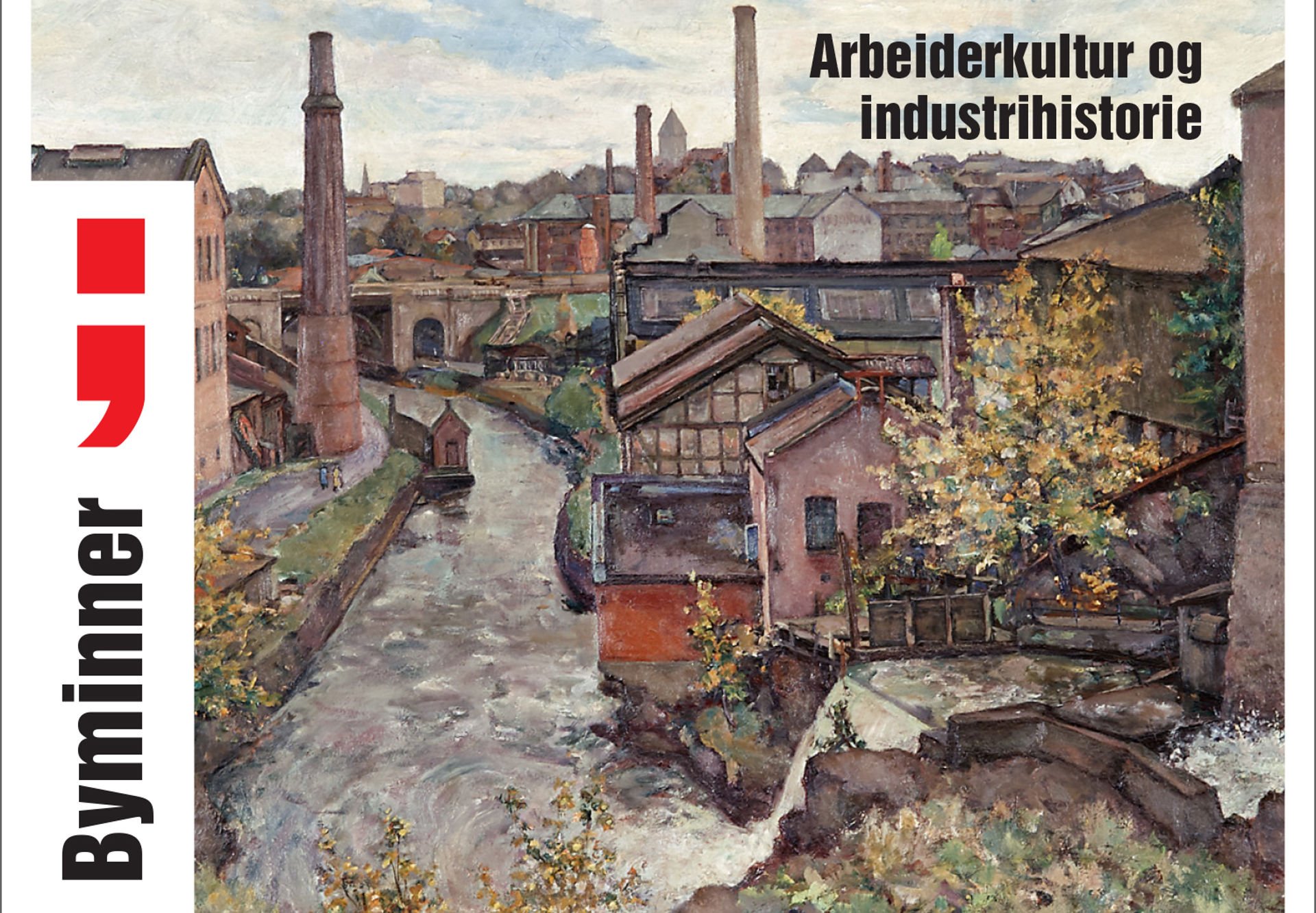 Maleri av Akerselva med mange industribygg på hver side av elva.