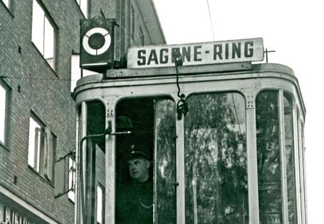Trikk med skilt der det står Sagene Ring