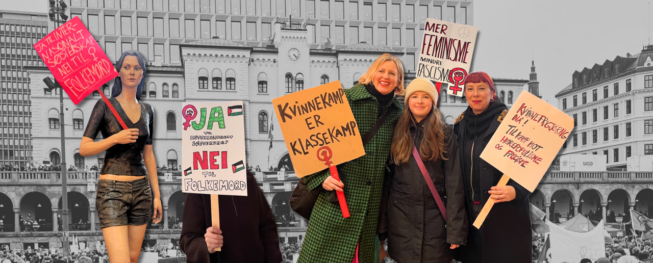 Kvinner med plakater med slagord på foran sort-hvitt-foto av Youngstorget
