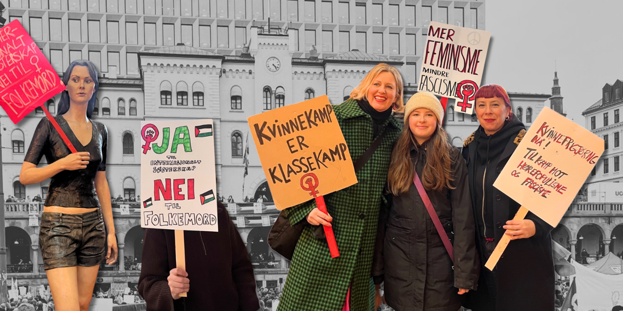 Kvinner med plakater med slagord på foran sort-hvitt-foto av Youngstorget