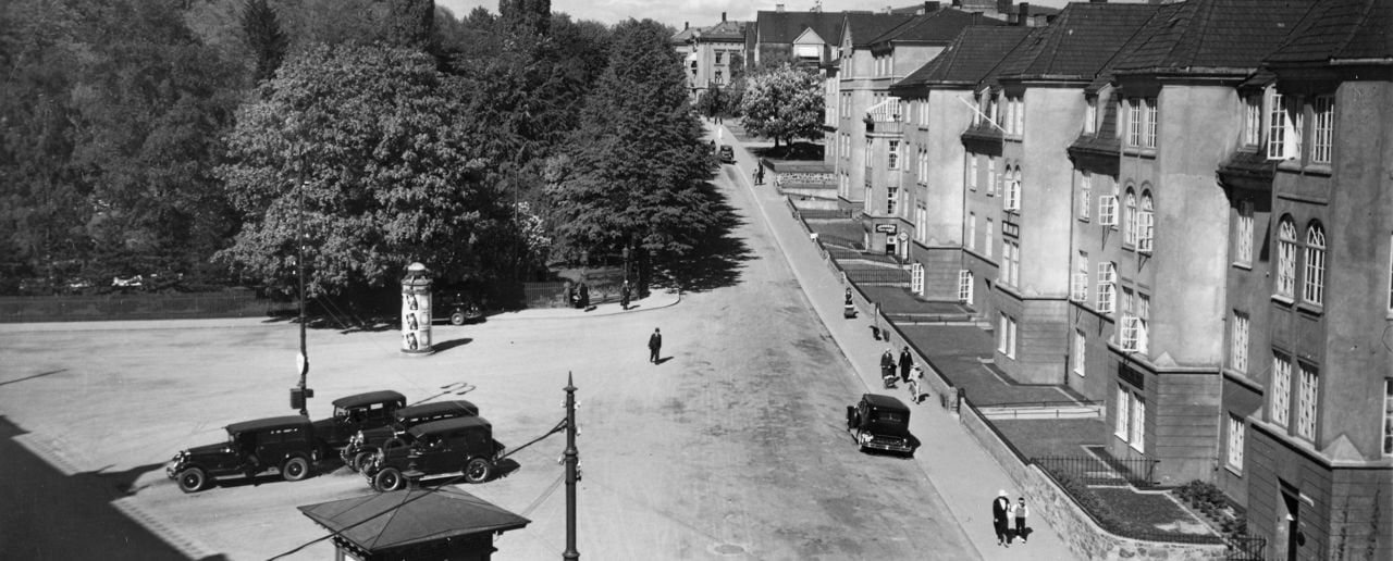 sort-hvitt av park med bygårder på en linje til høyre