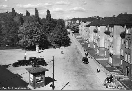 sort-hvitt av park med bygårder på en linje til høyre