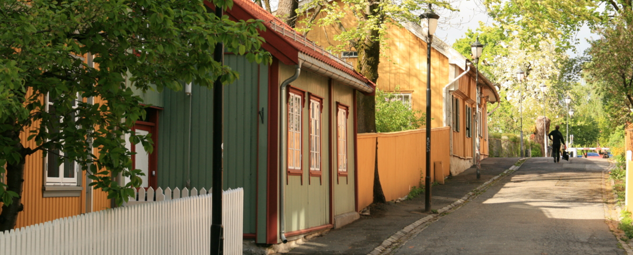 Grønne og gule trehus langs en liten gate