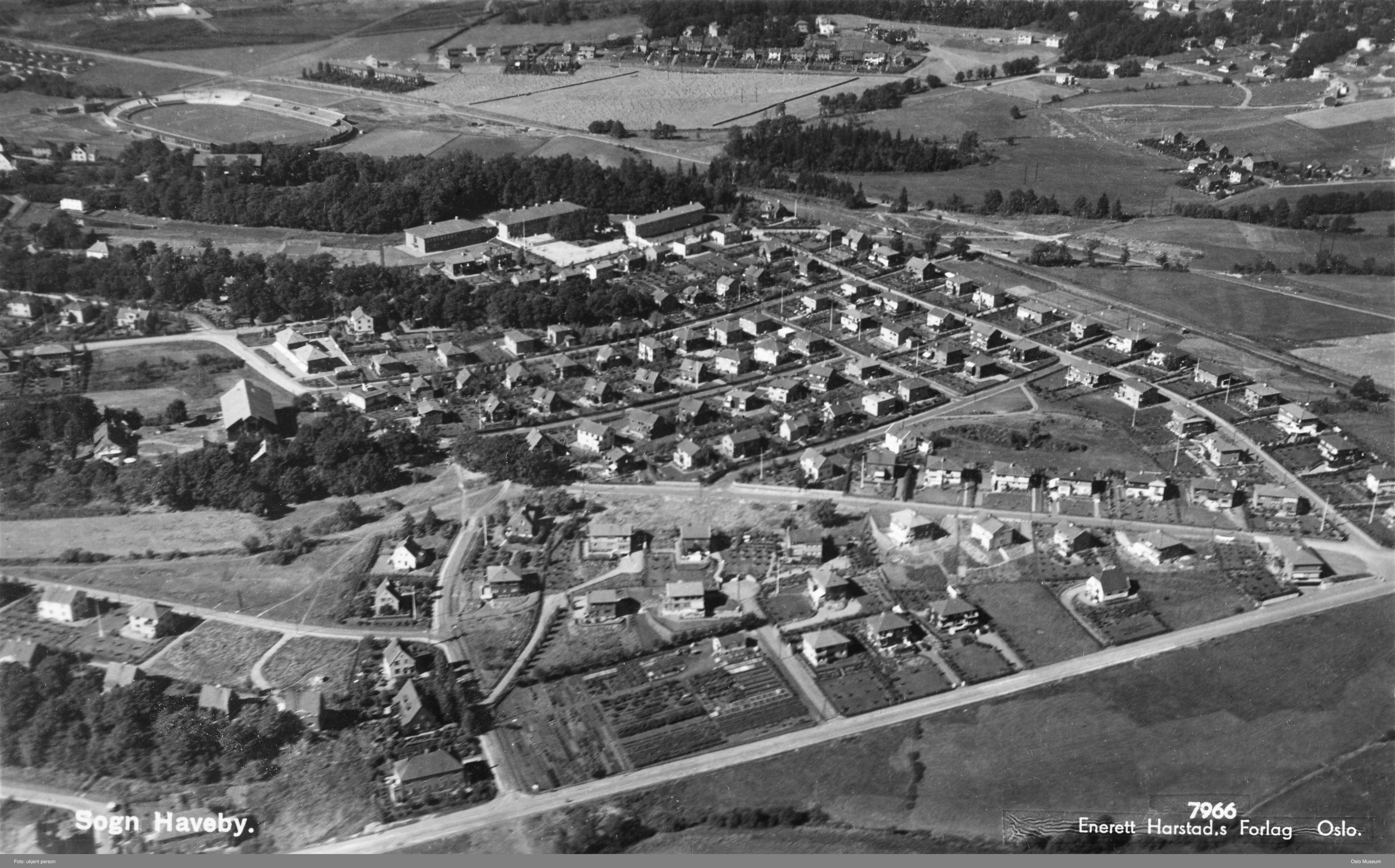 Flyfoto av en haveby med mange hus