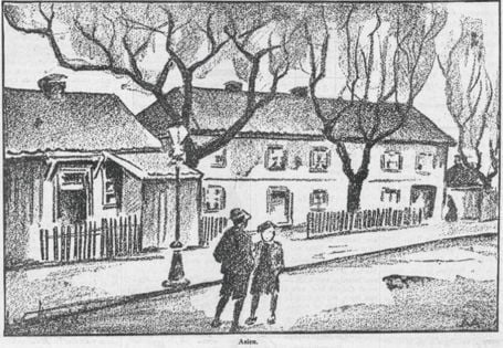 Tegning av en gate med hus, trær, en lyktestolpe og to menn eller gutter i forgrunnen