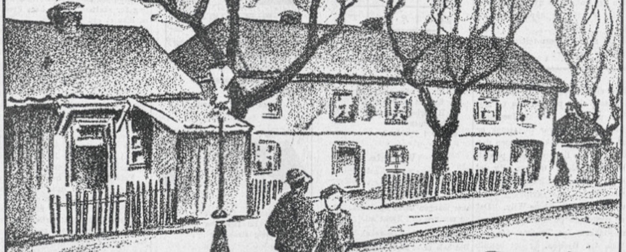 Tegning av en gate med hus, trær, en lyktestolpe og to menn eller gutter i forgrunnen