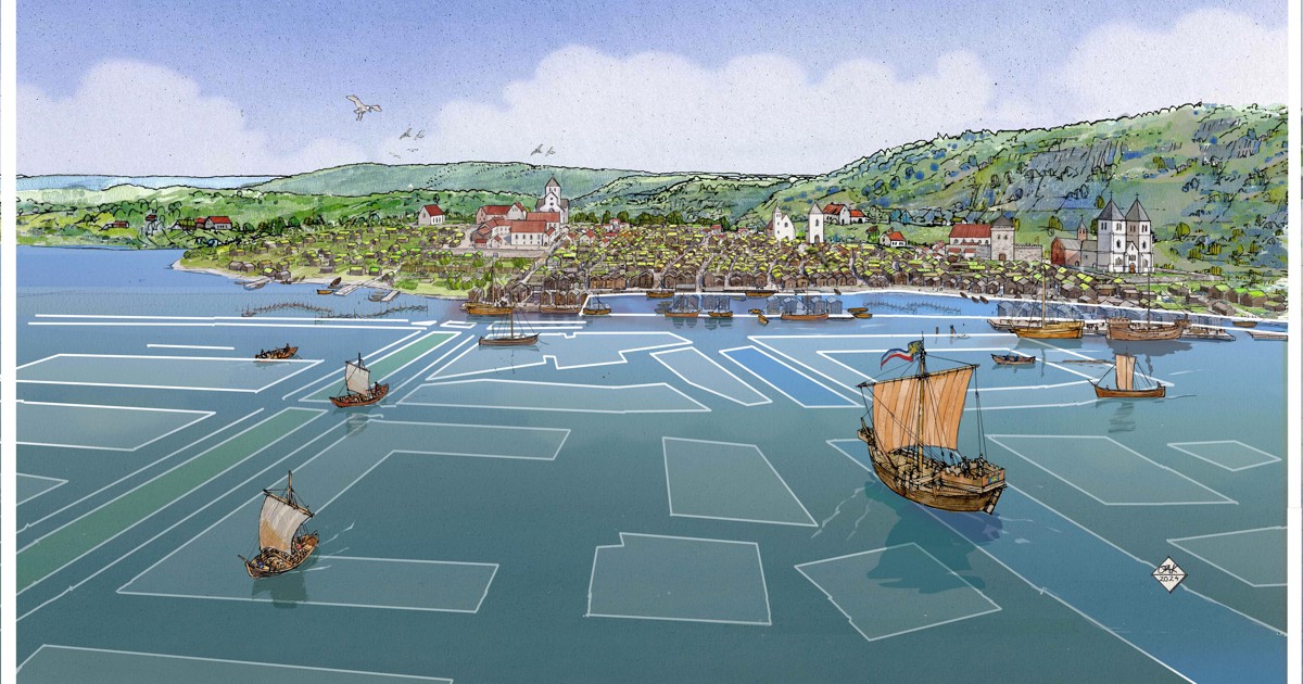 illustrasjon av fjord med seilbåter, havn, by og natur