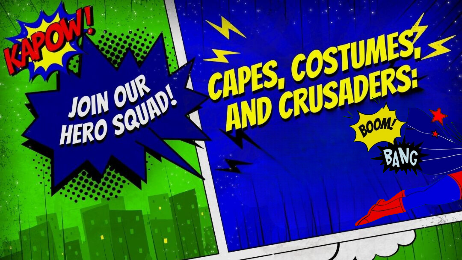 Tegneseriestripe med superhelt-tema