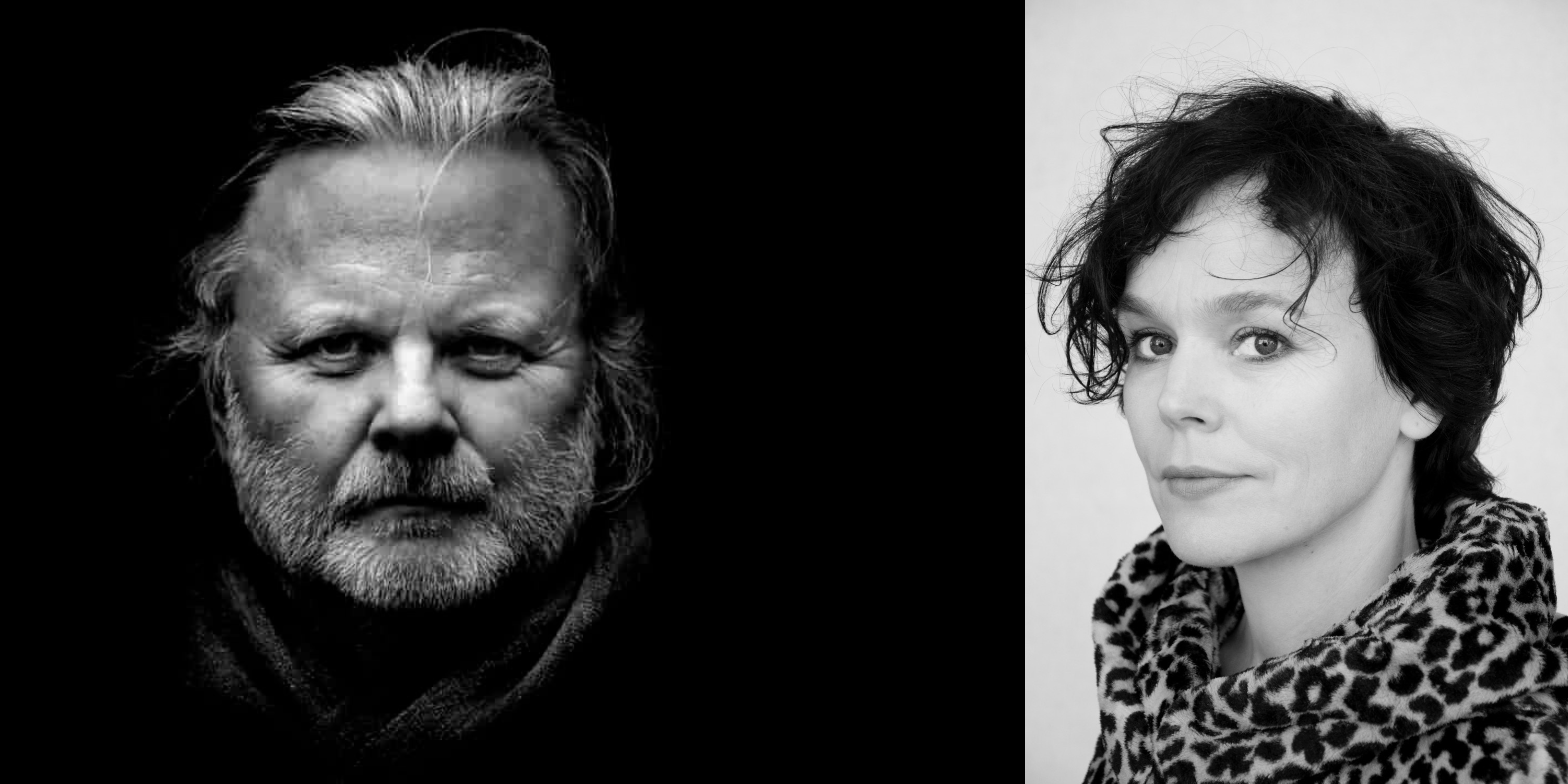 Collage bestående av et sort-hvitt-portrett av Jon Fosse og et sort-hvitt-portrett av Gjertrud Jynge.