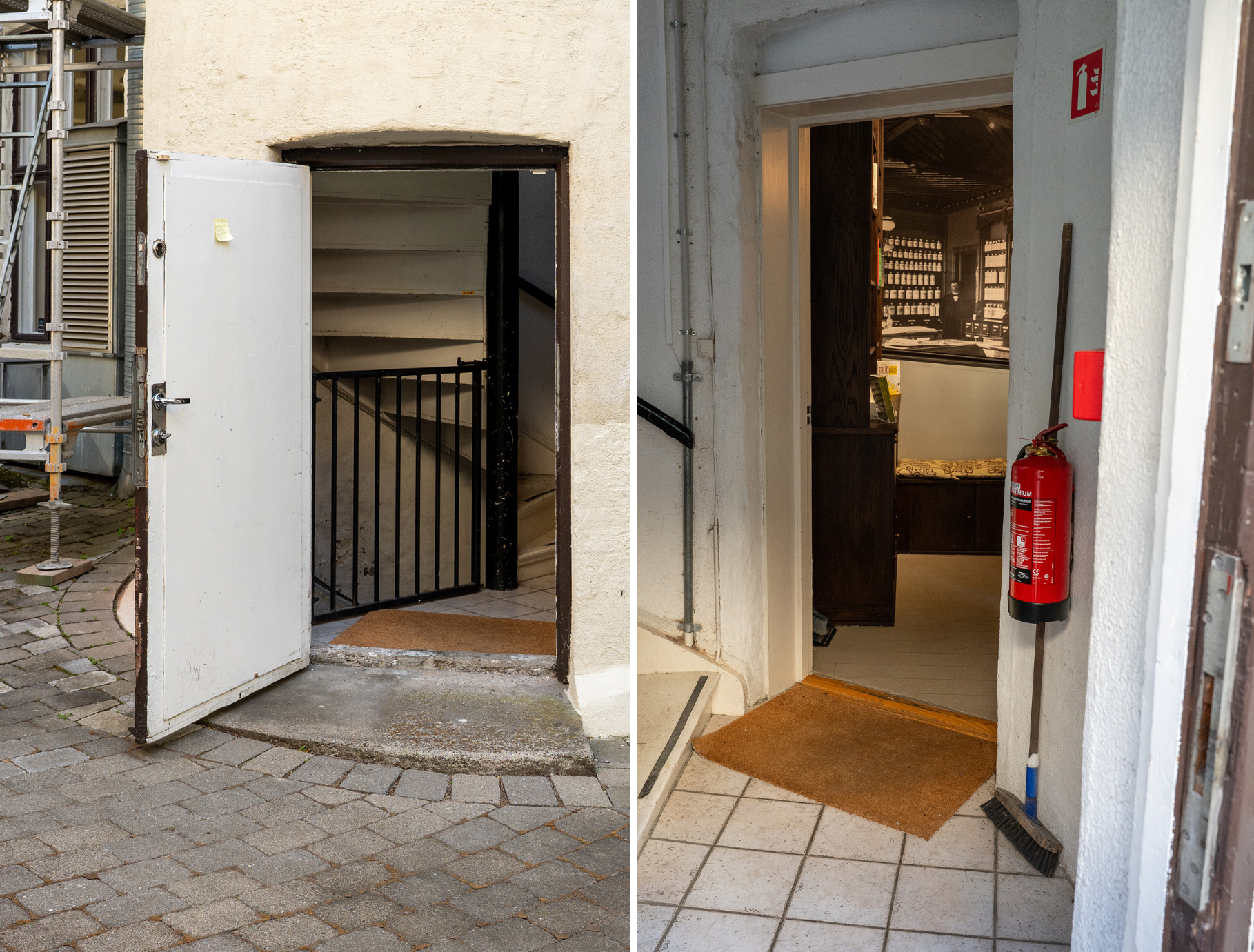 Inngangsparti fra fortau inn til brosteinlagt bakg&aring;rd