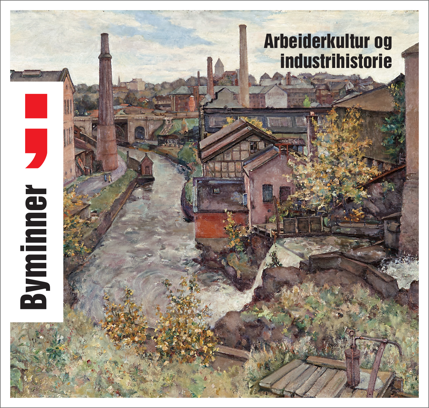 Maleri av Akerselva med mange industribygg på hver side av elva.