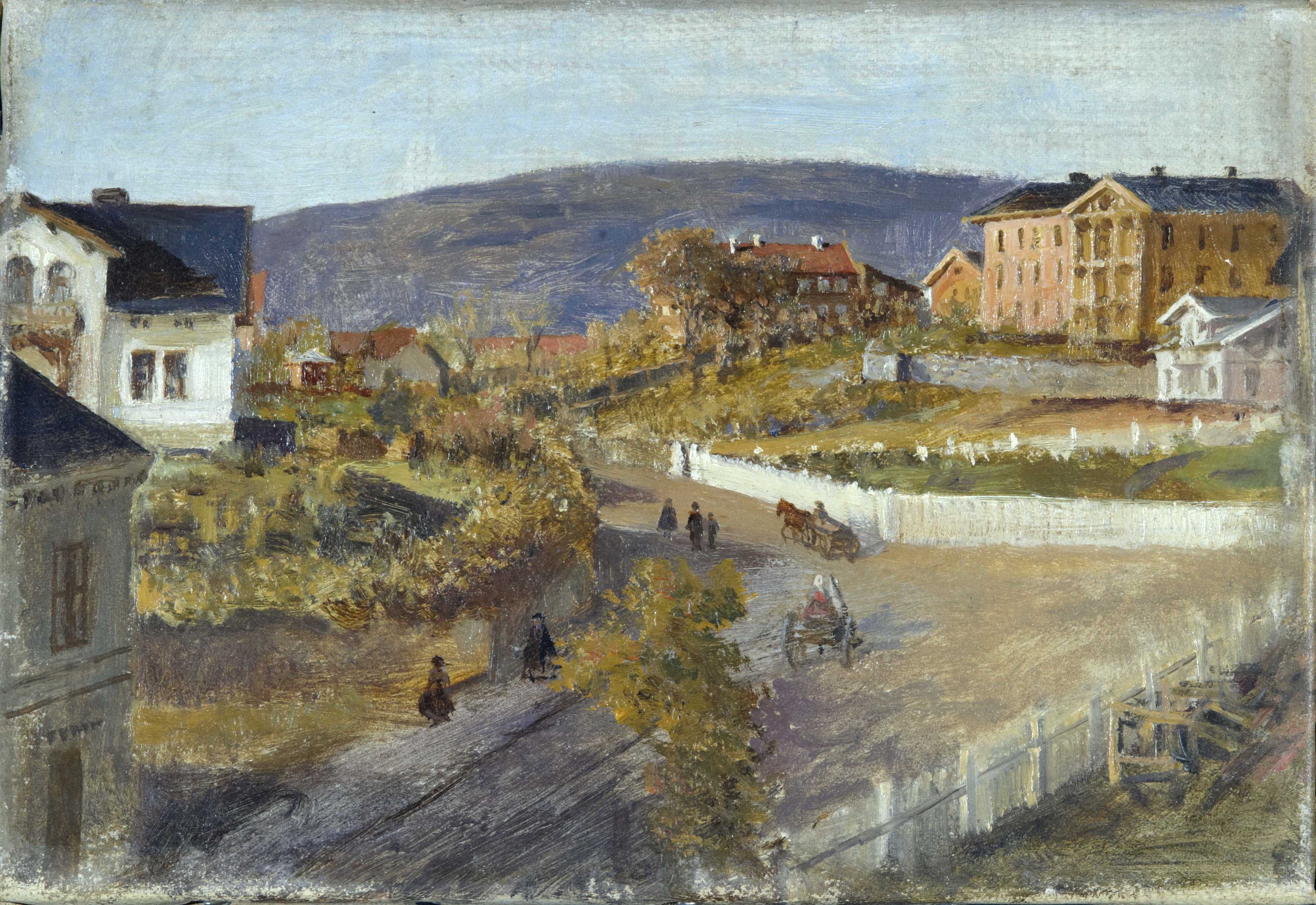 Maleri av landskap med hus og bakker med hester og kjerrer