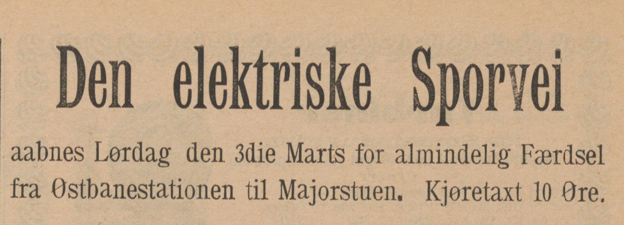 Annonseutklipp fra avis der det st&aring;r Den elektriske Sporvei
