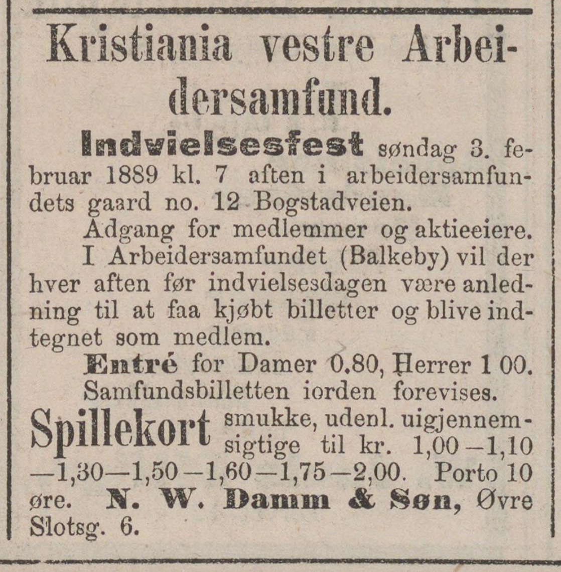 Advertisement for Inauguration party in Kristiania vestre Arbeidersamfund