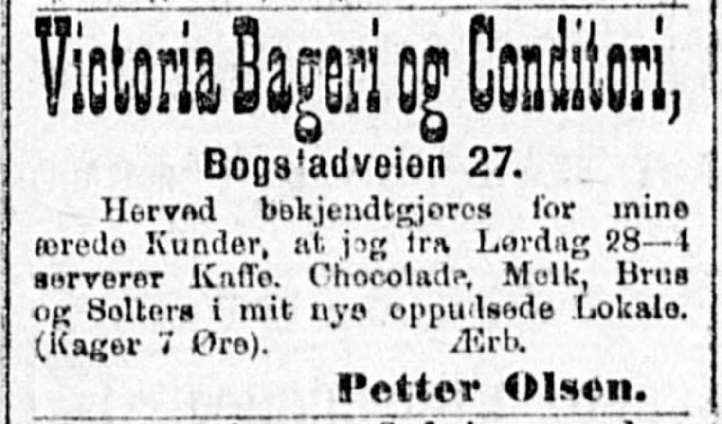 Notis om Victoria Bageri og Conditori der det st&aring;r at det serveres kaffe, melk, brus og solters i det nyoppussede lokalet