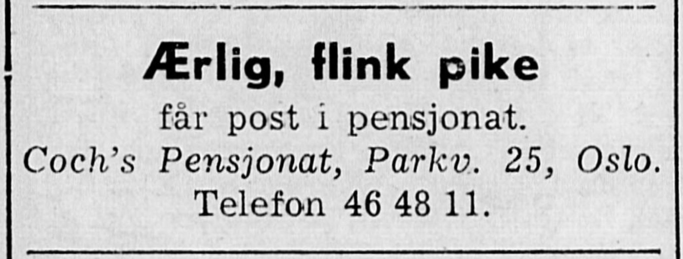 Advertisement seeking an honest and capable girl for a position at Coch's Pensjonat