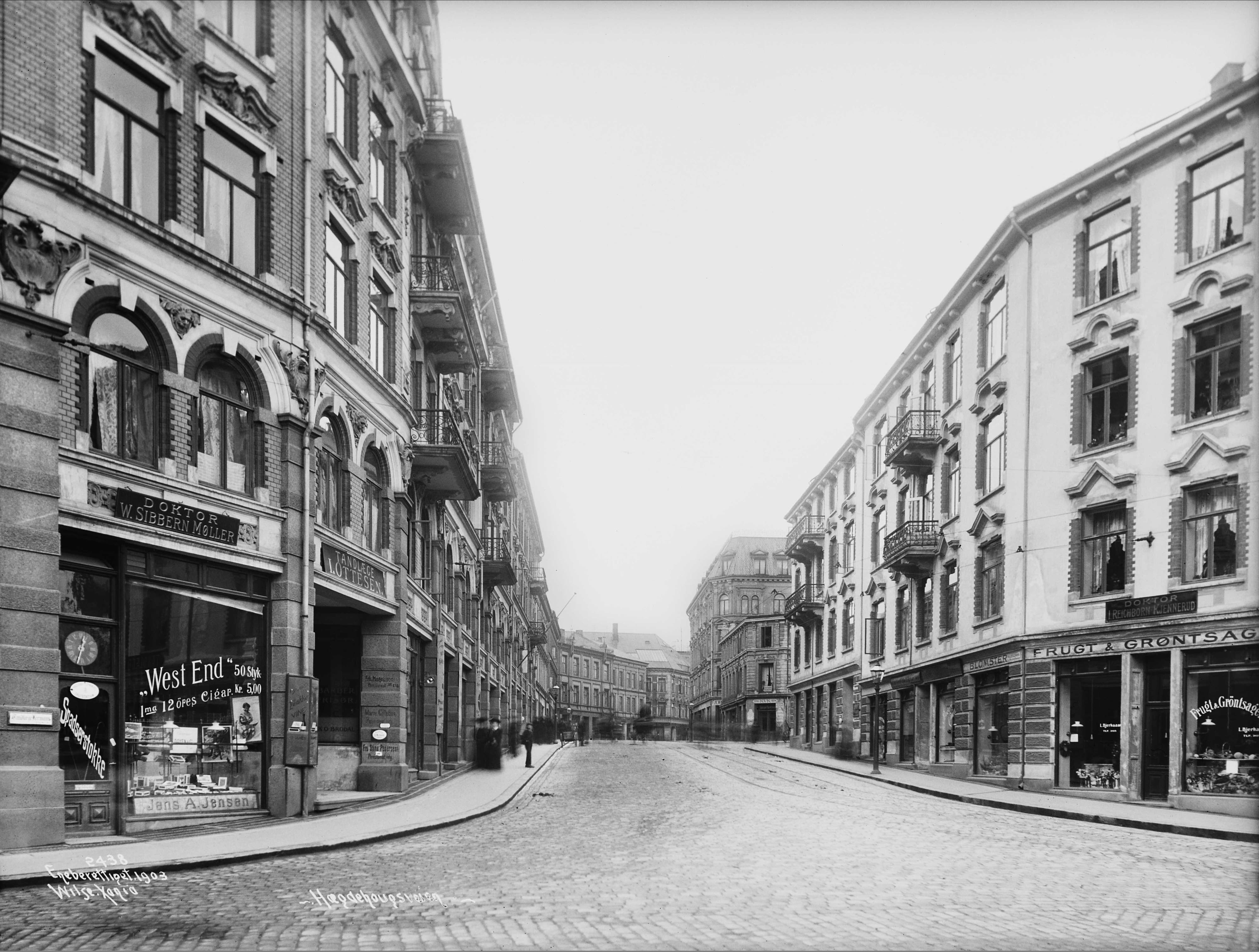 H&aelig;gdehougsveien with street lanes, apartment buildings, tobacconist, fruit shop and people