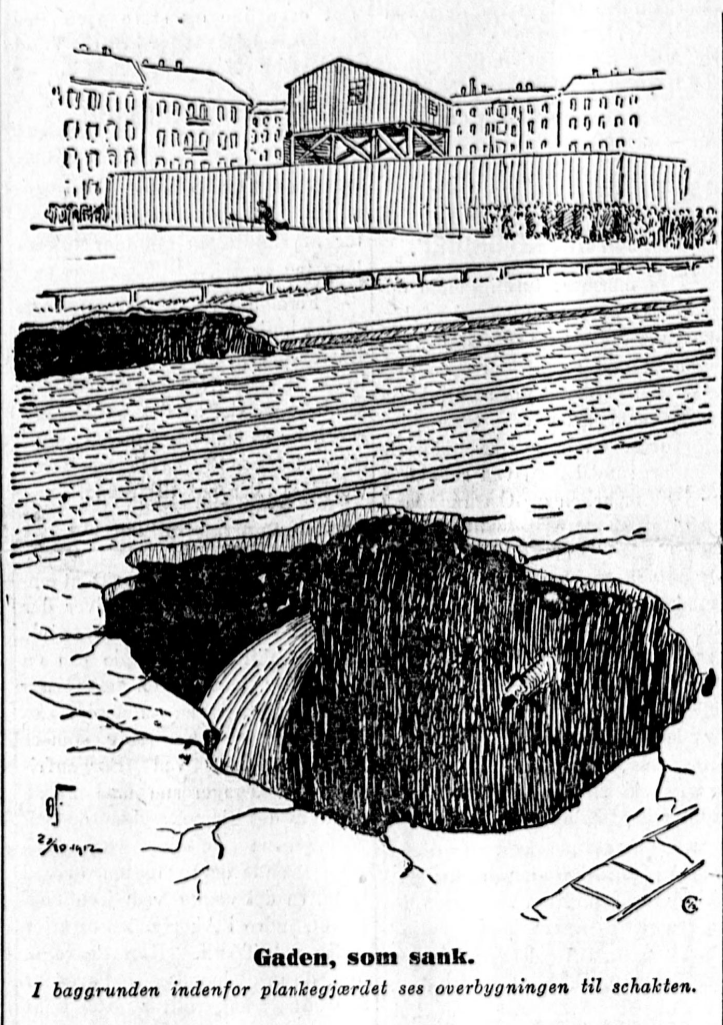Illustrasjon av trikkelinjer med to store hull i bakken p&aring; begge sider