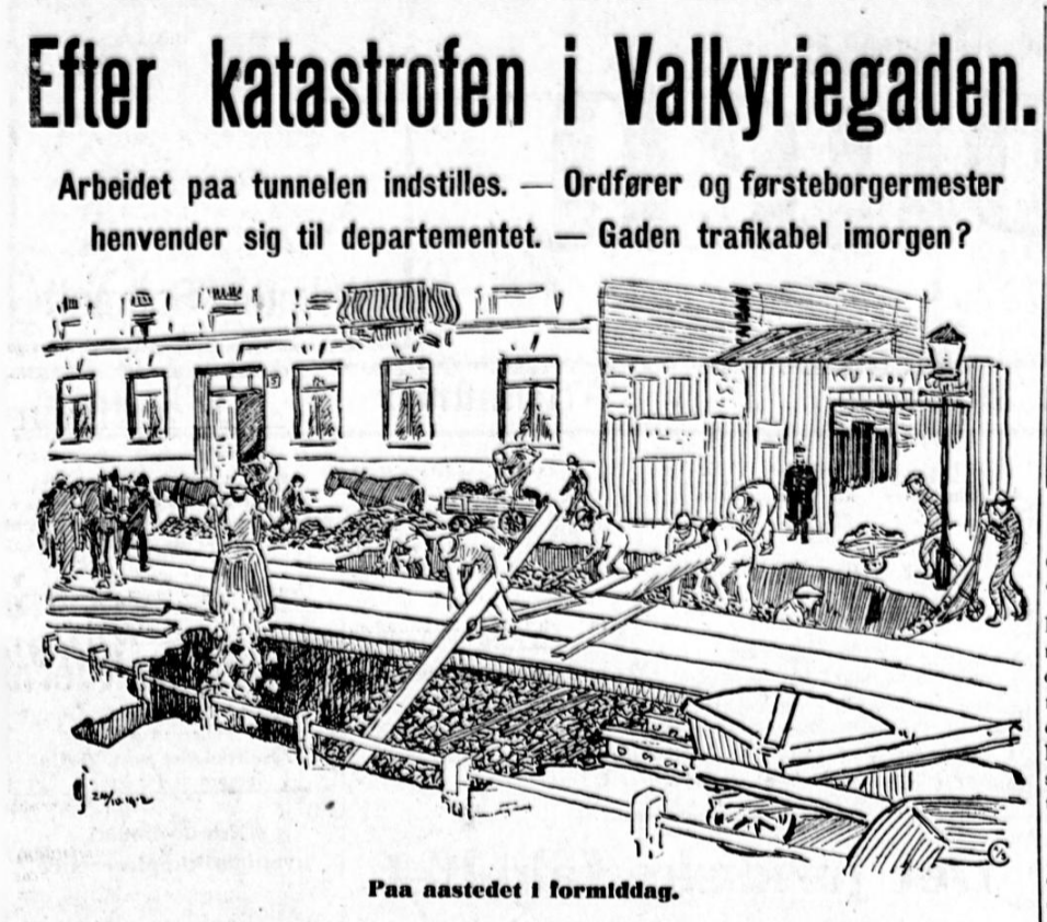 Illustrasjon av folk som jobber p&aring; trikkeskinner med hull i bakken og tittelen Efter katastrofen i Valkyriegaden