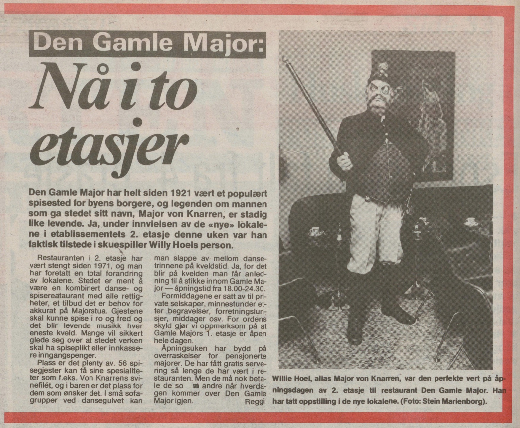 Newspaper report titled "Den Gamle Major: Now on two floors"