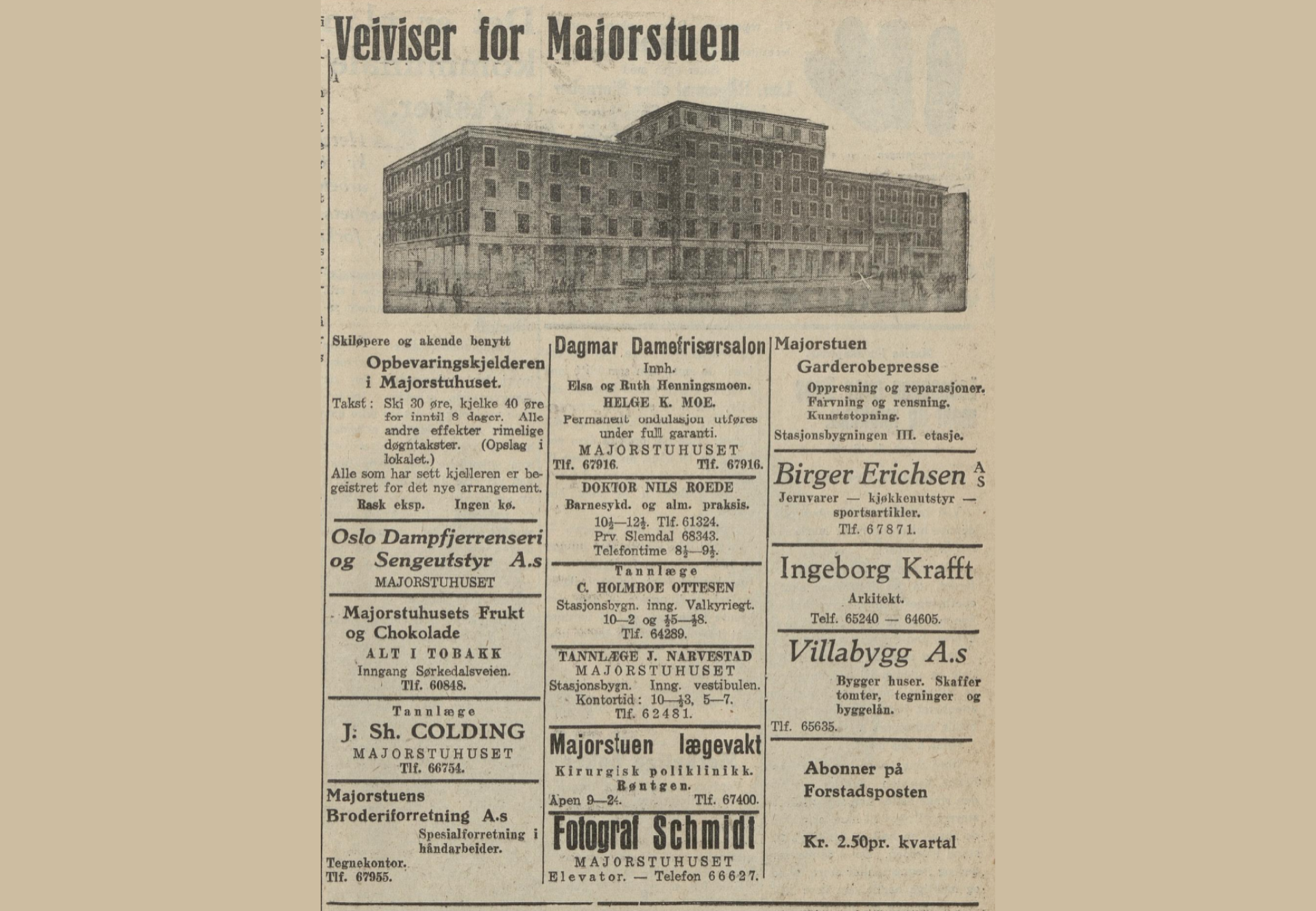 Avisside med tittel veiviser for majorstuen og bilde av et stort hus og mange sm&aring; notiser