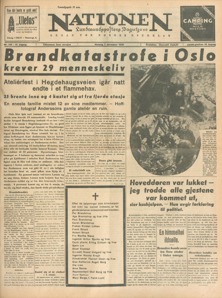 Faksimile fra avis med overskriften Brandkatastrofe i Oslo krever 29 menneskeliv
