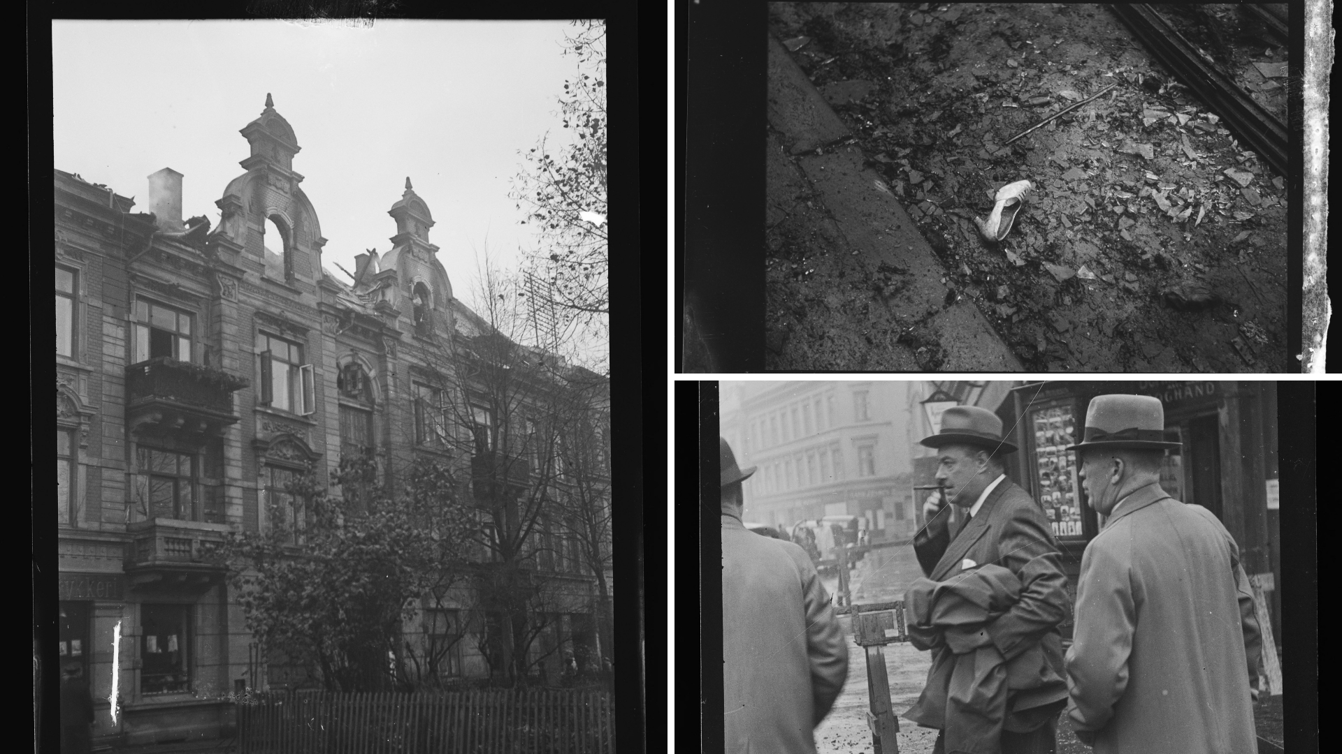 Kollasj av tre bilder som viser bygning &oslash;delagt av brann, en h&oslash;yh&aelig;lt sko i brannrester og menn i frakker og hatter