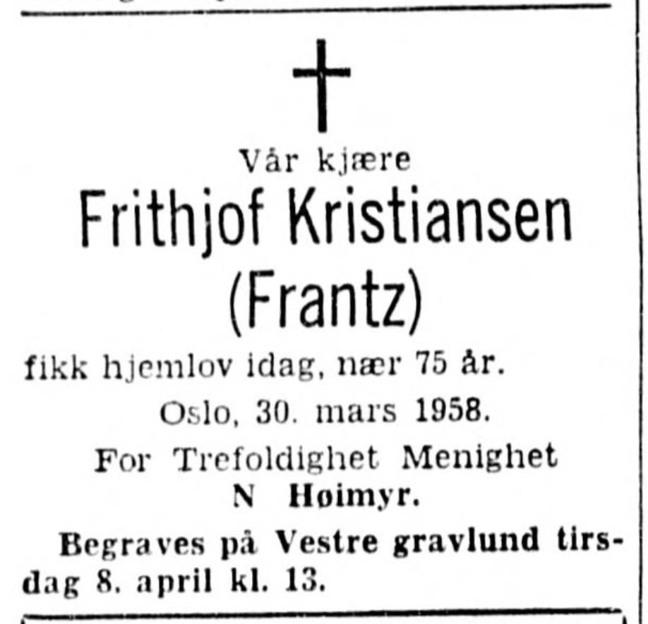 Death notice for Frithjof Kristiansen
