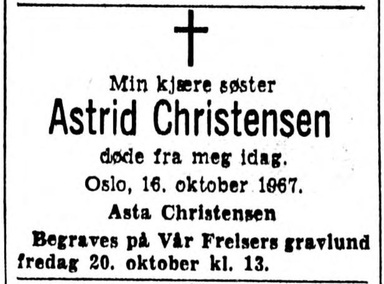 Death notice for Astrid Christensen