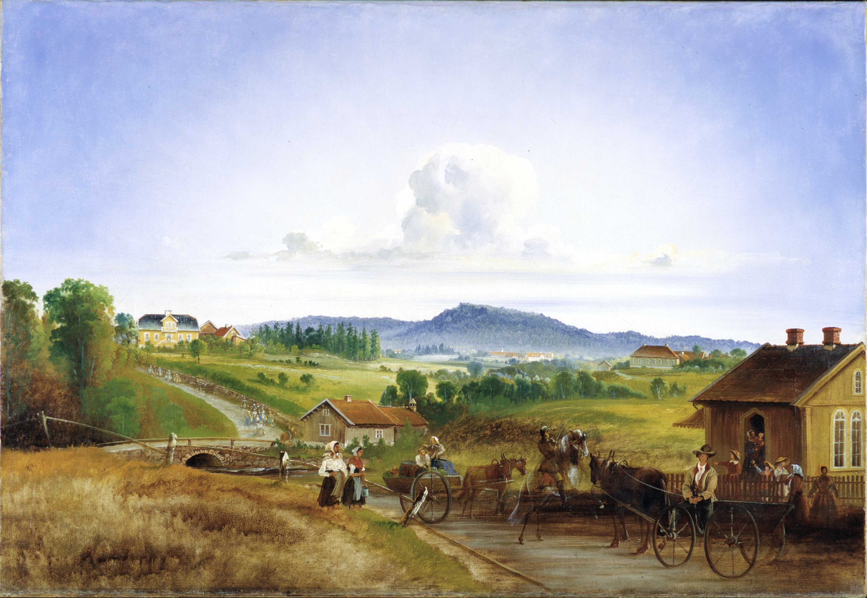 Maleri av landskap med g&aring;rder, &aring;kre, hestekj&oslash;ret&oslash;y og mennesker