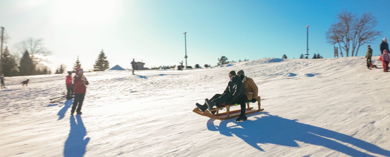 To personer på kjelke nedover snøkledd bakke