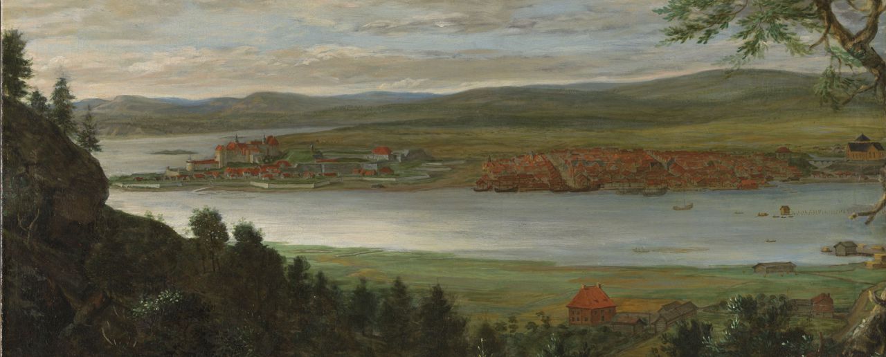 Utsikt over gamle Oslo. Skyer på himmelen. Maleri.